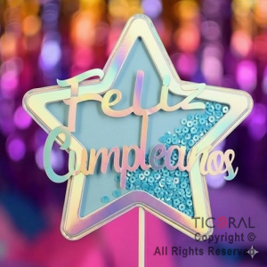 CAKE TOPPER CON CONFETTI ESTRELLA FELIZ CUMPLEAOS CELESTE (U24-223) X 1